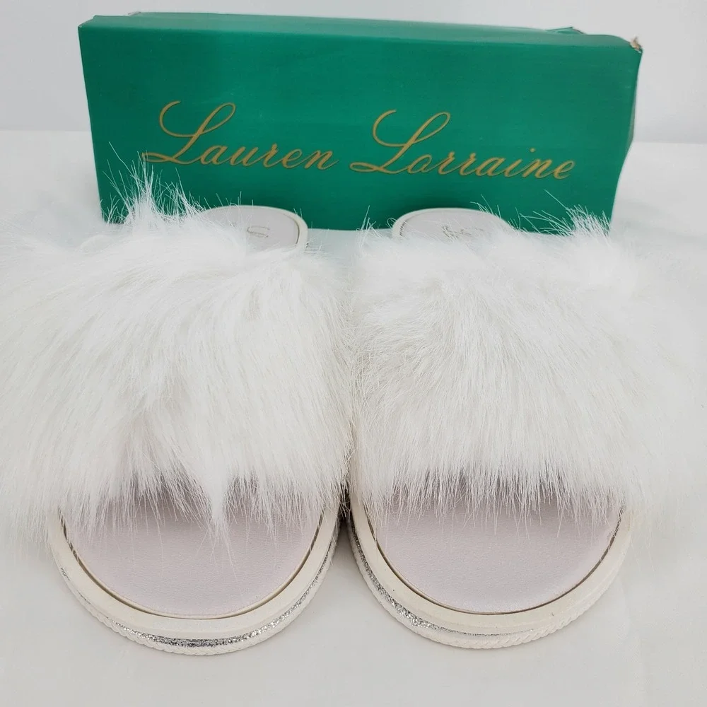 Lauren Lorraine White Fluffy Faux Fur Flat Sandal Glitter Trim Slides Size 8 New